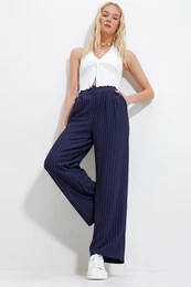 Trend Alaat Stili Women's Navy Blue Striped Double Pocket Palazzo Knitted Trousers