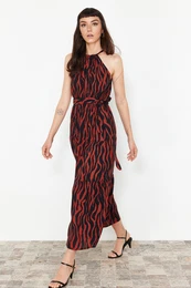 Tile Animal Shift Halter Neck Maxi Lined Woven Dress