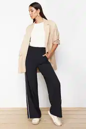 Black Piping Leg Zipper Detail Wide Leg/Wide Leg Woven Sweatpants