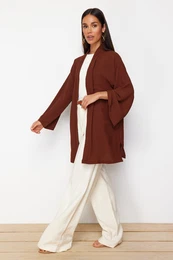Brown Woven Linen Look Kimono