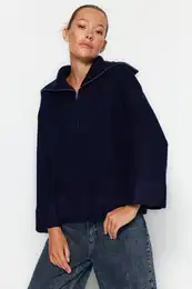 Navy Blue Wide Fit mehko teksturiran osnovni pulover za pletenine