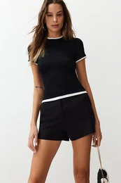 Black Viscose/Soft Fabric Color Block Fitted Flexible Knitted T-Shirt