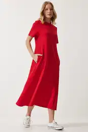 Happiness stanbul Women's Red A-line Summer Combed Cotton Dress