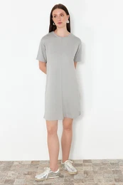 Gray Crewneck Short Ribbed Stretchy Knitted Mini T-shirt Dress