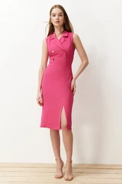 Fuchsia Fitted Button Detailed Slit Midi Pencil Skirt Woven Dress