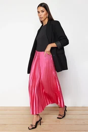Pink Pleated Satin Fabric Maxi Length Woven Skirt