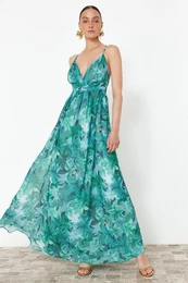 Multicolored A-Line Floral Woven Chiffon Long Evening Dress