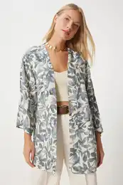 Happiness stanbul Women's Gray Bone Patterned Viscose Kimono