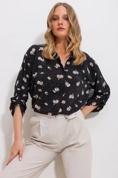 Trend Alaat Stili Women's Black Patterned Woven Viscose Shirt