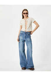 Crochet T-Shirt with Bow Tie Front Short Sleeves Round Neck
