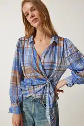 Happiness stanbul Women's Blue Glitter Thread Checkered Shirt