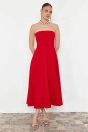 Red A-Cut Woven Elegant Evening Dress