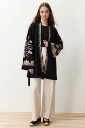 Black Woven Embroidered Cap & Abaya & Kimono