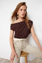 Brown Regular/Normal Fit Asymmetrical Neckline Zero Sleeve Stretchy Knitted Blouse with Snap Fasteners