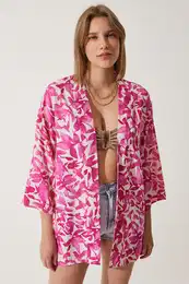 Happiness stanbul Women's Pink Ecru Patterned Viscose Kimono