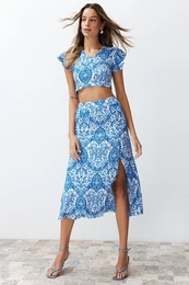 Blue Patterned Slit Ribbed Flexible Knitted Blouse Skirt Top-Bottom Set