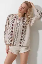 Trend Alaat Stili Women's Beige Slit Collar Full Embroidered Woven Blouse