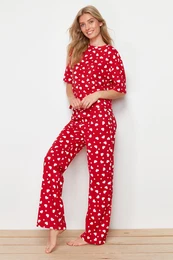 Red 100% Cotton Heart Knitted Pajama Set