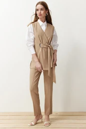 Camel Accessory Detailed Woven Fabric Vest Trousers Bottom Top Set