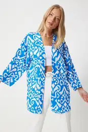 Happiness stanbul Women's Vivid Blue Patterned Viscose Kimono