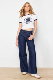 Dark Blue More Sustainable High Waist Wide Leg Jeans with Waist Detail