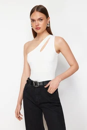 White Cut Out Detailed Snap-on Knitted Bodysuit