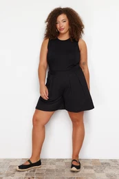 Curve Black Wide Leg Pleated Detail Plus Size Knitted Shorts & Bermuda