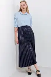 8009 Leather Look Pleated Skirt - Navy Blue