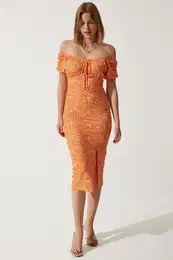 Happiness stanbul Women's Orange Patterned Gathered Knitted Dress