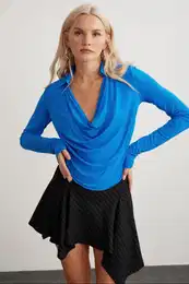 Aurora Women's Degassing Shirt Collar Flowy Sandy Fabric Blue Blous