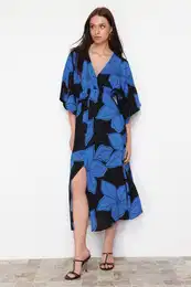 Dark Floral Print A-line Double-breasted Collar Midi Woven Dress