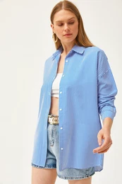 Women's Navy Blue Striped Boyfriend Woven Shirt