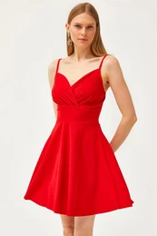 Women's Red Strap Double Breasted Collar Flared Dress