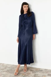 Navy Blue Rose Detailed Special Occasion Woven Satin Evening Dress