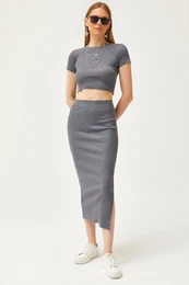 Women's Smoked Short Sleeve Slit Skirt Lycra Suit