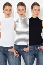 Black-White-Multicolor 3-Pack Fitted/Fitted Stretch Knitted Blouse