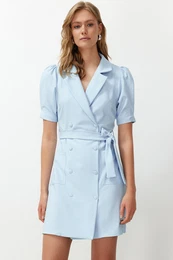 Blue Belted Mini Woven Jacket Woven Dress