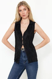 Black Pleated Sleeveless Buttoned Collar Enek Knitted Blouse