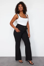 Curve Black Waist Belt Detailed High Waist Flare Knit Plus Size Trousers