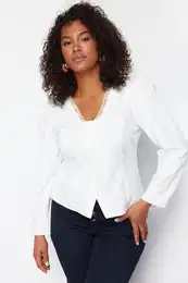 Curve White Lace V-Neck Buttoned Plus Size Woven Blouse