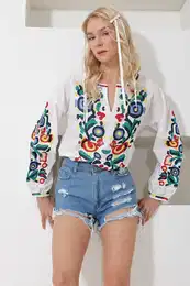 Trend Alaat Stili Women's White Full Neon Embroidered Poplin Woven Blouse