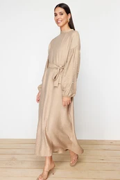 Beige Belted Pearl and Stone Detailed Woven Dress