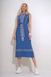 Trend Alaat Stili Women's Indigo Embroidery Printed Bohemian Dress