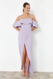 Lilac Flounced Woven Long Evening Dress