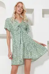 Trend Alaat Stili Women's Khaki V-Neck Floral Patterned Skirt Flounce Woven Dress