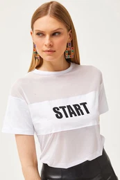 Women's White Tulle Garnished Embroidered T-Shirt