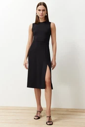 Black More Sustainable A-Line/A-Line Slit Flexible Knitted Midi Dress