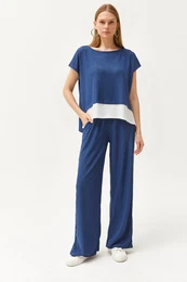 Women's Indigo Top Blouse Bottom Trousers Suit