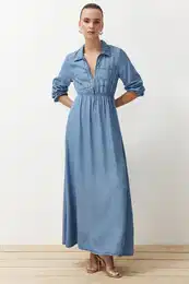 Dark Blue Midi Denim Modest Dress