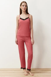 Pink Lace and Ribbon/Bow Detailed Rope Strap Knitted Pajama Set